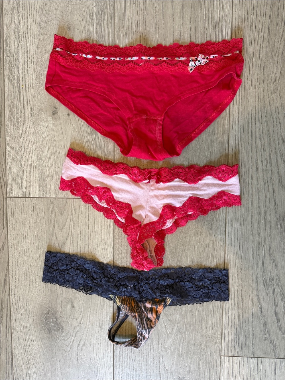 Adolescent Lace-Trim Bikini & Thong Panty Set - Red, Pink, Navy